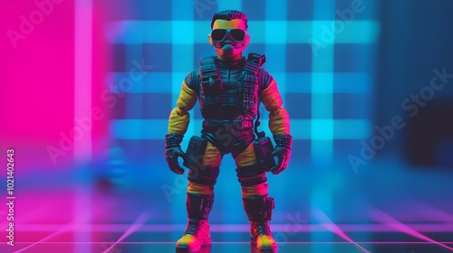 60. A classic 90s action figure with colorful accessories, placed on a neon-lit surface with a retro background photo