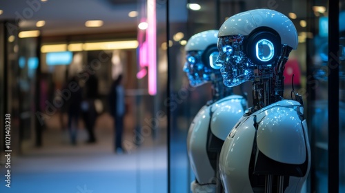 Futuristic Robots on Display in a Modern Urban Shopping Center During a Vibrant Evening