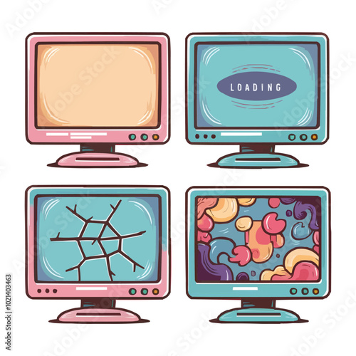 Vector retro computers monitors drawn cartoon style. Colored vintage personal computers set.  