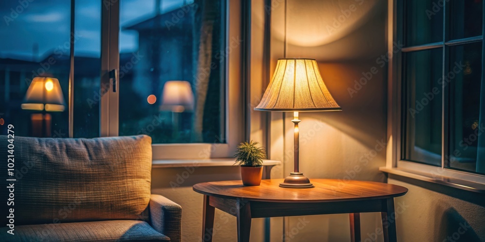 A warm, inviting lamp illuminates a cozy corner with a side table, armchair, and a plant in a pot. A warm, inviting lamp illuminates a cozy corner with a side table, armchair, and a plant in a pot.