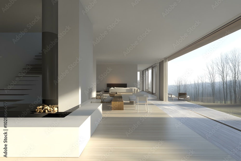Fototapeta premium Modern Home Interior Design with Large Windows and a Fireplace