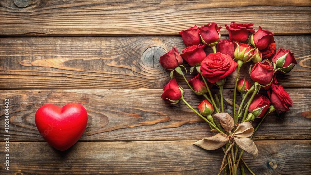 A single red heart resting on a rustic wooden surface, accompanied by a delicate bouquet of red roses, a symbol of love and affection A single red heart resting on a rustic wooden surface, accompanied by a delicate bouquet of red roses, a symbol of love and affection