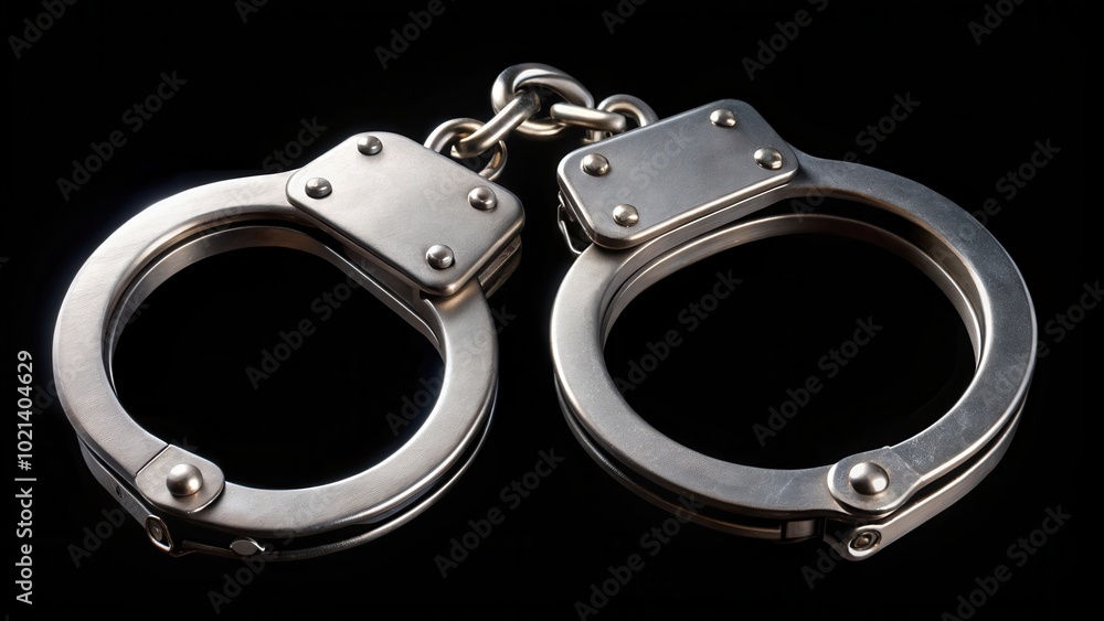 A pair of shiny metal handcuffs, closed and ready for action, isolated against a dark background. A pair of shiny metal handcuffs, closed and ready for action, isolated against a dark background.