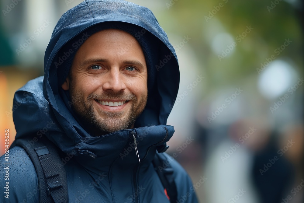 Man wearing a blue jacket and a black backpack is smiling. He is wearing a hooded jacket and a hat Man wearing a blue jacket and a black backpack is smiling. He is wearing a hooded jacket and a hat