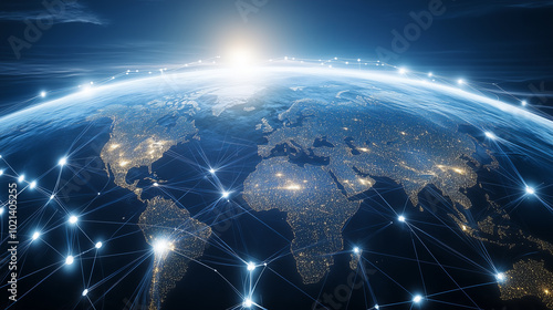 A glowing Earth connected by a network of lines and glowing points.