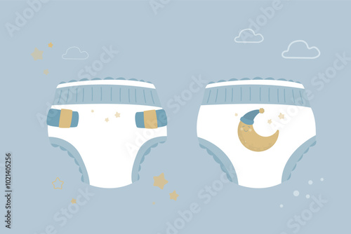 Baby diaper mockup, diapering stack package for newborn pee incontinence dry body, kids nappy disposal eco absorbent. Front and back views.