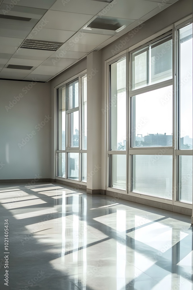 Empty Office Space With Sunlight Streaming Through Windows Empty Office Space With Sunlight Streaming Through Windows