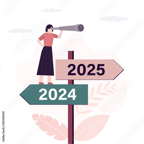 Woman standing on giant pointers. New 2025 year. Businesswoman uses spyglass for search right way on crossroad. Making business decision, forecast, career path,