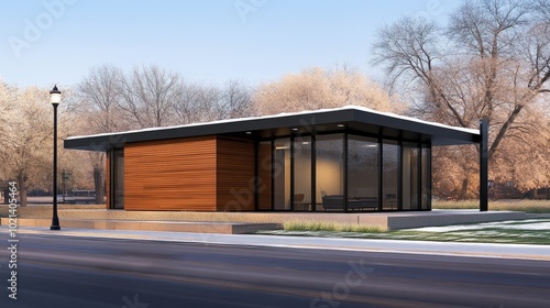 A modern small wooden house showcases striking black and orange walls, with a white lamp post at the entrance, surrounded by a serene winter landscape and snow-covered roof