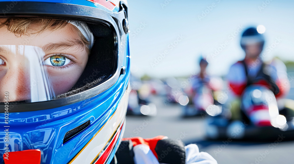 close-up on young racer's determined eyes through helmet visor, other karts in background close-up on young racer's determined eyes through helmet visor, other karts in background