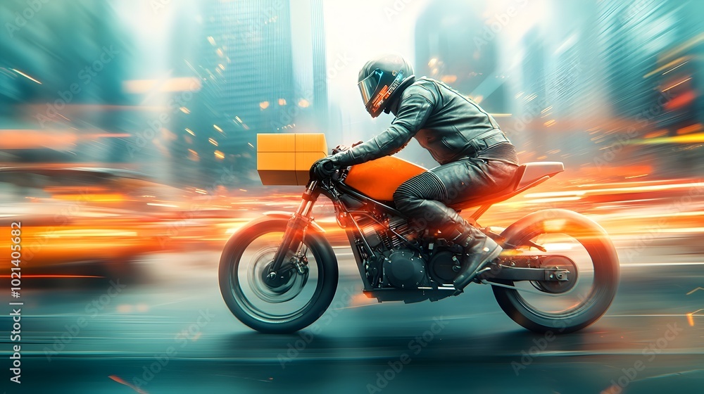 Fototapeta premium Motorcycle Courier Rapidly Navigating Through Congested City Streets to Deliver Packages Dynamic Motion Blur Effect Rider in Leather Jacket and Helmet Towering Skyscrapers in the Background