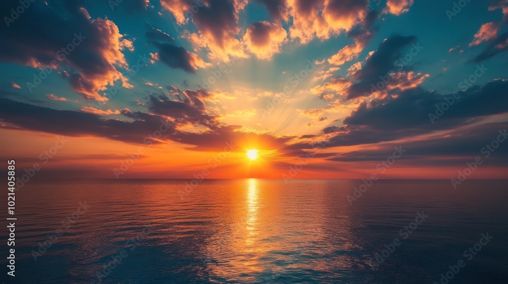 A stunning sunset over calm ocean waters, casting vibrant colors across the sky. A stunning sunset over calm ocean waters, casting vibrant colors across the sky.