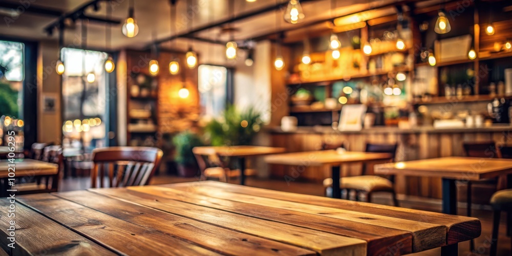 A Close-Up View of a Wooden Table in a Cozy Cafe with Warm Lighting and a Blurred Background of Tables and Chairs A Close-Up View of a Wooden Table in a Cozy Cafe with Warm Lighting and a Blurred Background of Tables and Chairs