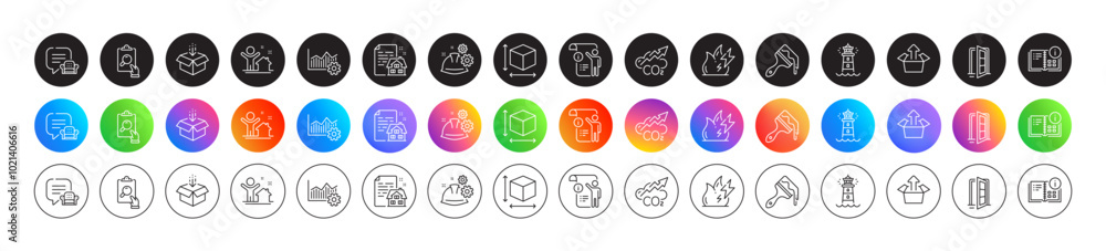 Operational excellence, Send box and Open door line icons. Round icon gradient buttons. Pack of Lease contract, Lounge place, Inspect icon. Manual doc, Brush, Get box pictogram. Vector Operational excellence, Send box and Open door line icons. Round icon gradient buttons. Pack of Lease contract, Lounge place, Inspect icon. Manual doc, Brush, Get box pictogram. Vector
