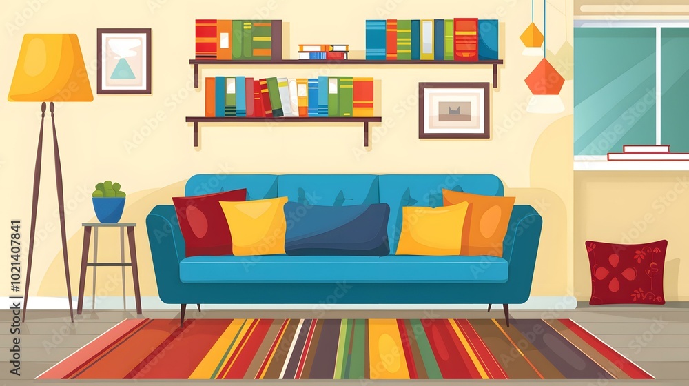 Fototapeta premium Living Room Interior Design with Sofa, Bookshelf and Colorful Pillows