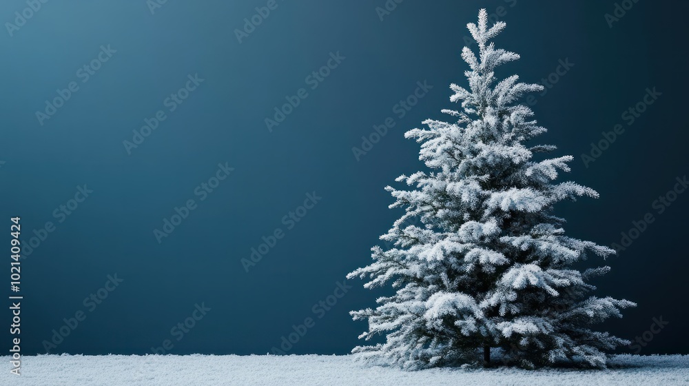 The snow covered Christmas tree contrasts with the dark blue backdrop The snow covered Christmas tree contrasts with the dark blue backdrop