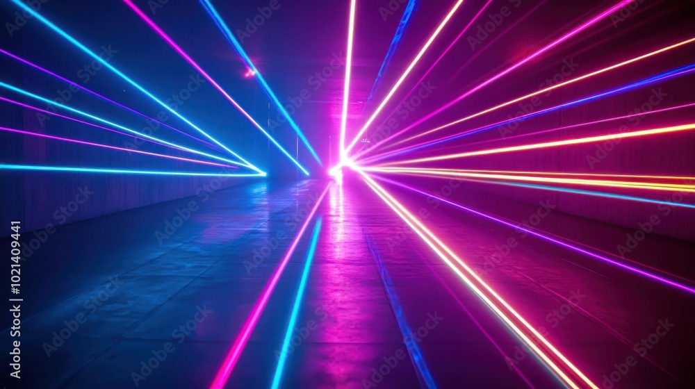 A vibrant display of colorful laser lights in a dark tunnel creating dynamic visual effects. A vibrant display of colorful laser lights in a dark tunnel creating dynamic visual effects.