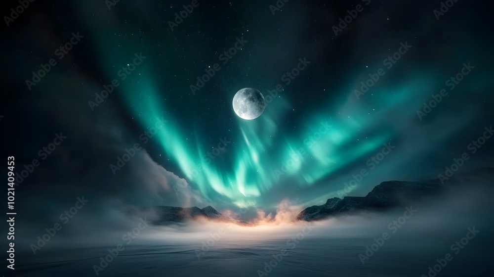 Breathtaking night sky panorama showcasing the aurora borealis twinkling star clusters wispy cloud formations and a serene ethereal lunar glow Breathtaking night sky panorama showcasing the aurora borealis twinkling star clusters wispy cloud formations and a serene ethereal lunar glow