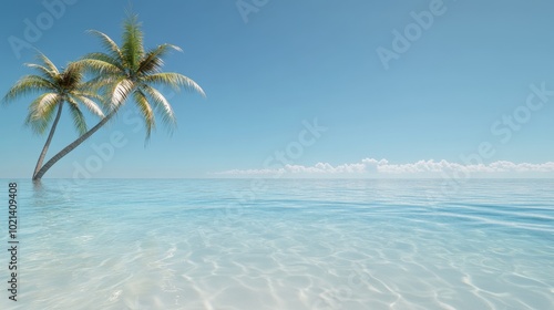 A serene beach scene with two palm trees gently swaying in the breeze, their shadows reflected in the crystal clear water. The sky is a brilliant blue with a few wispy clouds, symbolizing peace, tranq