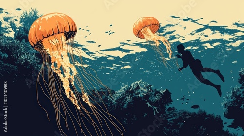 Serene Swim amongst Jellyfish - Retro Minimalist Illustration of Man Swimming in Jellyfish Lake on Eil Malk Island with Bold Lines and Playful Colors photo