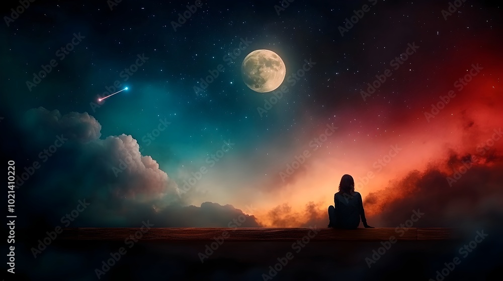 Captivating night sky scene featuring a brilliant full moon or shimmering shooting star detailed celestial elements dramatic cloud formations Captivating night sky scene featuring a brilliant full moon or shimmering shooting star detailed celestial elements dramatic cloud formations