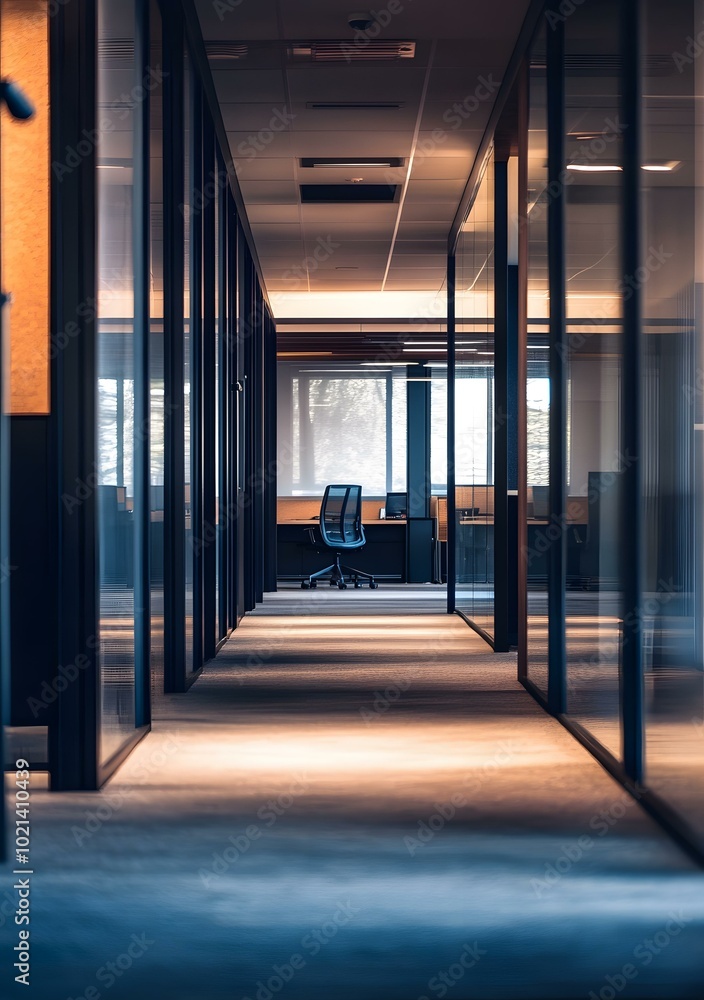Modern Office Hallway with Glass Walls and Single Chair Modern Office Hallway with Glass Walls and Single Chair