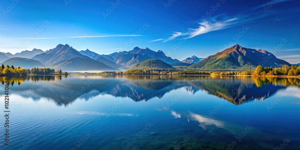 Naklejka premium A serene mountain lake reflecting a tranquil blue sky, with a gentle breeze rippling the surface and fall foliage lining the shore.