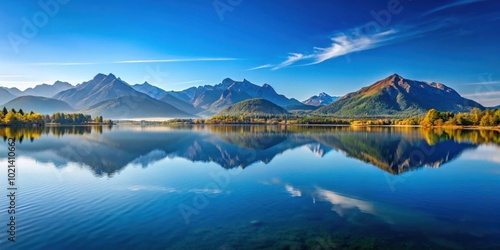 A serene mountain lake reflecting a tranquil blue sky, with a gentle breeze rippling the surface and fall foliage lining the shore.