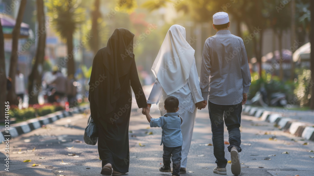 Fototapeta premium Muslim family in traditional clothing walking in park at sunset
