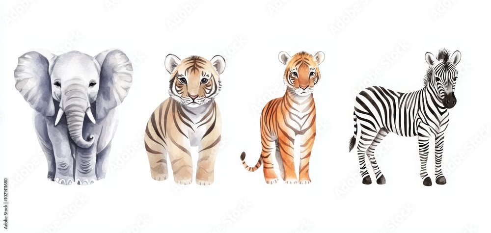 Obraz premium Watercolor wildlife set with diverse animals, including an elephant, tiger, and zebra, perfect for safari-themed designs, wildlife art, or educational posters