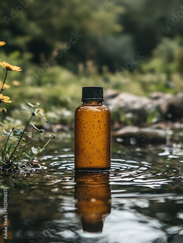 A glass bottle of essential oil sits in a stream of water, with green foliage and yellow flowers blurred in the background.