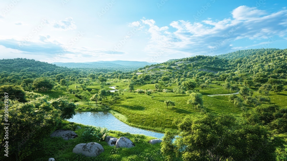 3D rendering showcasing a vibrant green landscape 3D rendering showcasing a vibrant green landscape