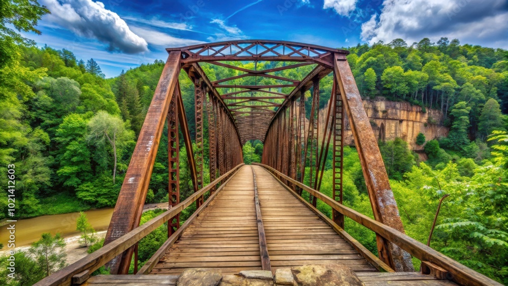 An old iron bridge stretches across a lush green valley, inviting exploration and promising views An old iron bridge stretches across a lush green valley, inviting exploration and promising views