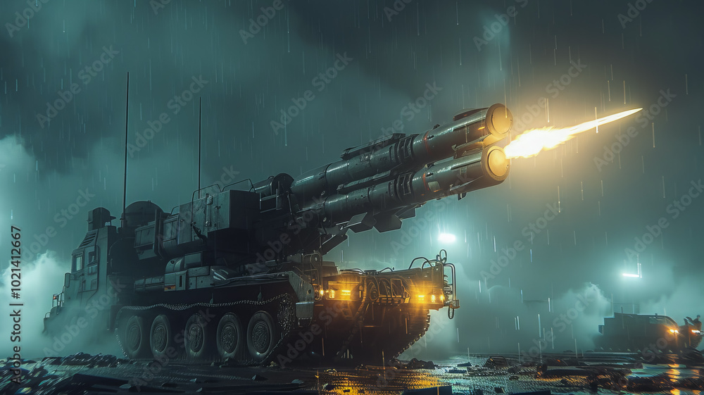 Obraz premium Cutting-Edge Missile Launcher. High-Tech Weapon on Battlefield