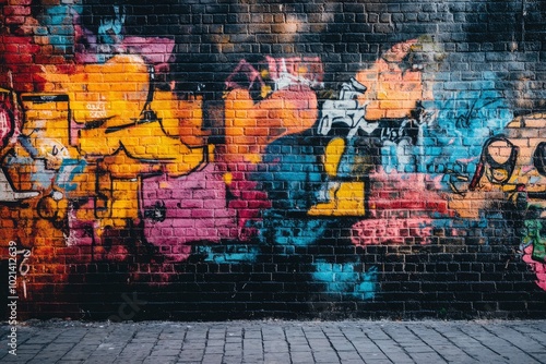 Colorful Graffiti on a Black Brick Wall