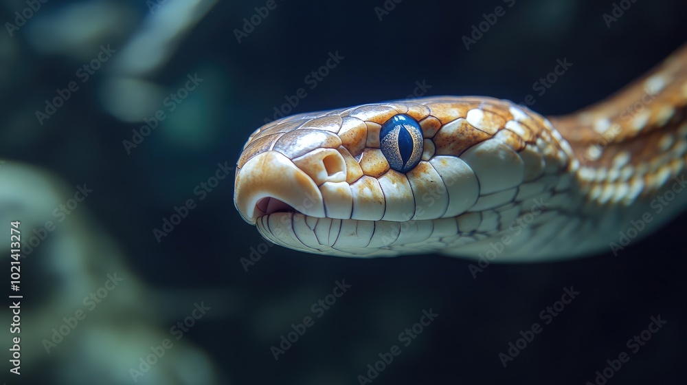 Obraz premium Close-up of a beaked sea snake swimming gracefully, with its venomous fangs ready for defense.