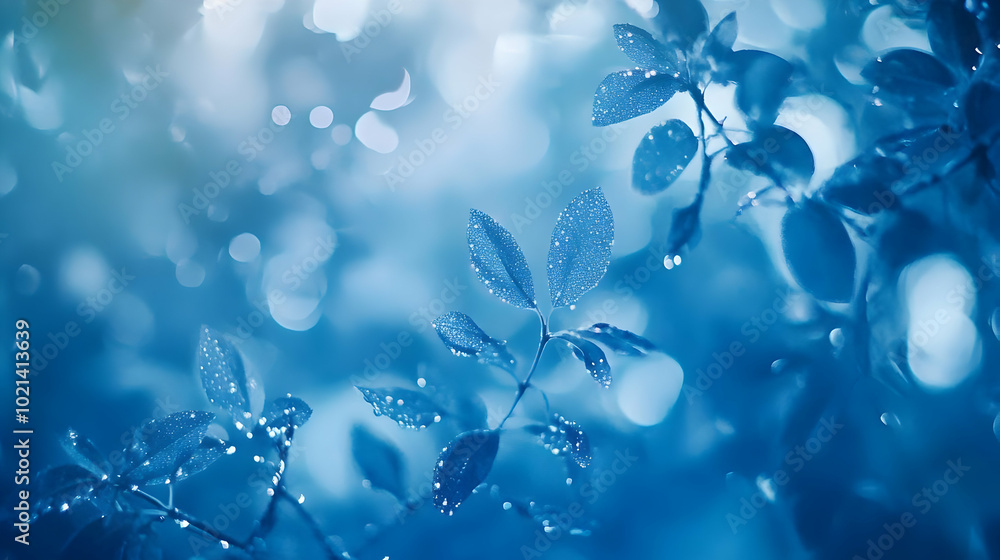 Blue Leaves with Dew Drops Abstract Background Blue Leaves with Dew Drops Abstract Background