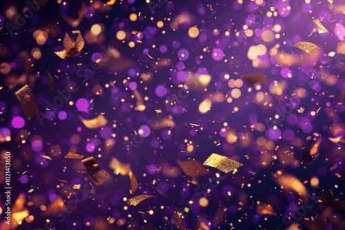 Festive Holiday Design with Golden Confetti and Shimmering Light Particles on Purple Background