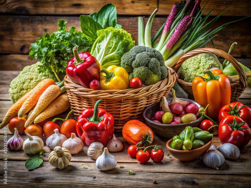 Fresh Esculent Vegetables Displayed on a Rustic Wooden Table for Healthy Eating and Cooking Ideas Fresh Esculent Vegetables Displayed on a Rustic Wooden Table for Healthy Eating and Cooking Ideas