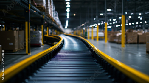 Automated Conveyor Belt System in a Modern Warehouse. This image showcases a long winding conveyor belt system in a large warehouse, representing efficiency, speed, and modern logistics.