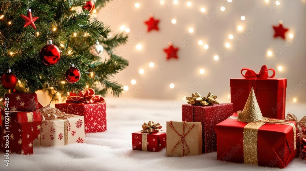 christmas and new year background - gift boxes and stars near decorated christmas tree and copy space over white wall with lights christmas and new year background - gift boxes and stars near decorated christmas tree and copy space over white wall with lights