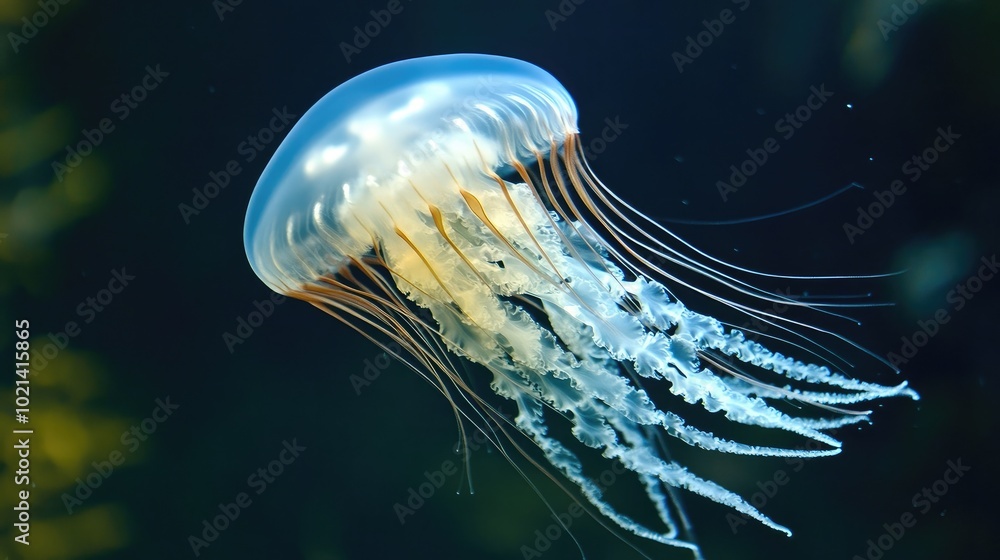 Close-up of a box jellyfishs translucent body and trailing venomous tentacles in clear ocean waters. Close-up of a box jellyfishs translucent body and trailing venomous tentacles in clear ocean waters.