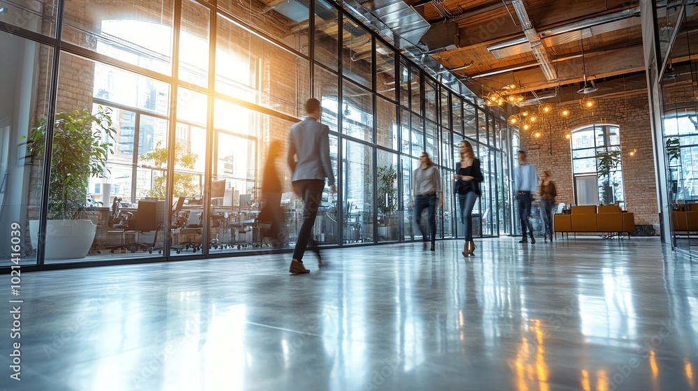 Modern office interior with people walking, large windows, natural light, and stylish decor, creating a vibrant work atmosphere. Modern office interior with people walking, large windows, natural light, and stylish decor, creating a vibrant work atmosphere.
