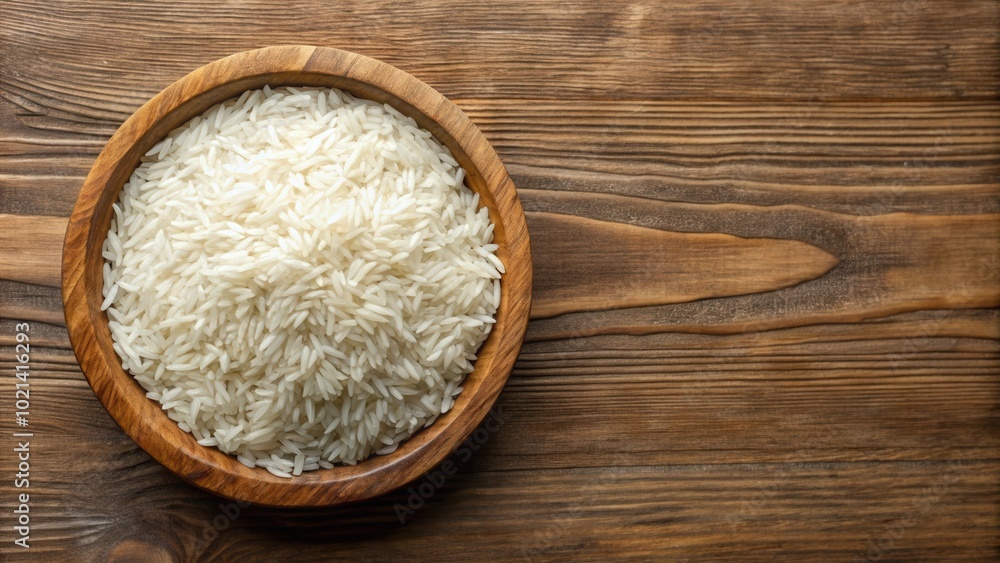 A bowl of uncooked white rice sits on a rustic wooden surface, ready to be prepared into a delicious meal. A bowl of uncooked white rice sits on a rustic wooden surface, ready to be prepared into a delicious meal.