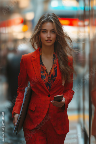Confident business woman in a red suit is walking down a city street holding a smartphone and documents.