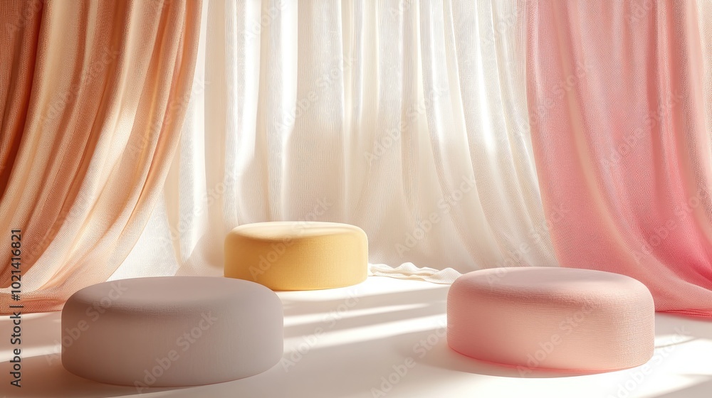 3D render of abstract platforms featuring golden pink and white shapes and drapes Geometric forms presented in a contemporary minimalistic style Realistic mock up designed for promotional use back 3D render of abstract platforms featuring golden pink and white shapes and drapes Geometric forms presented in a contemporary minimalistic style Realistic mock up designed for promotional use back