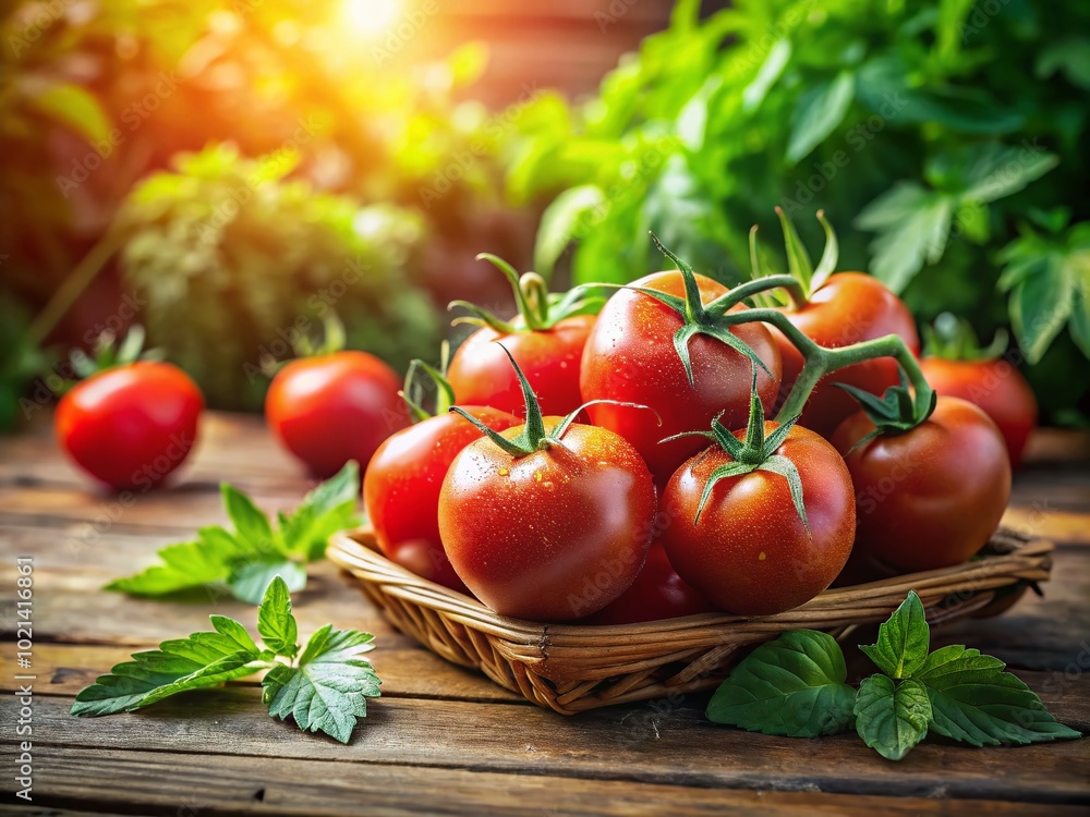Fresh Red Tomatoes on Wooden Table with Natural Light and Green Leaves, Healthy Food Concept Fresh Red Tomatoes on Wooden Table with Natural Light and Green Leaves, Healthy Food Concept
