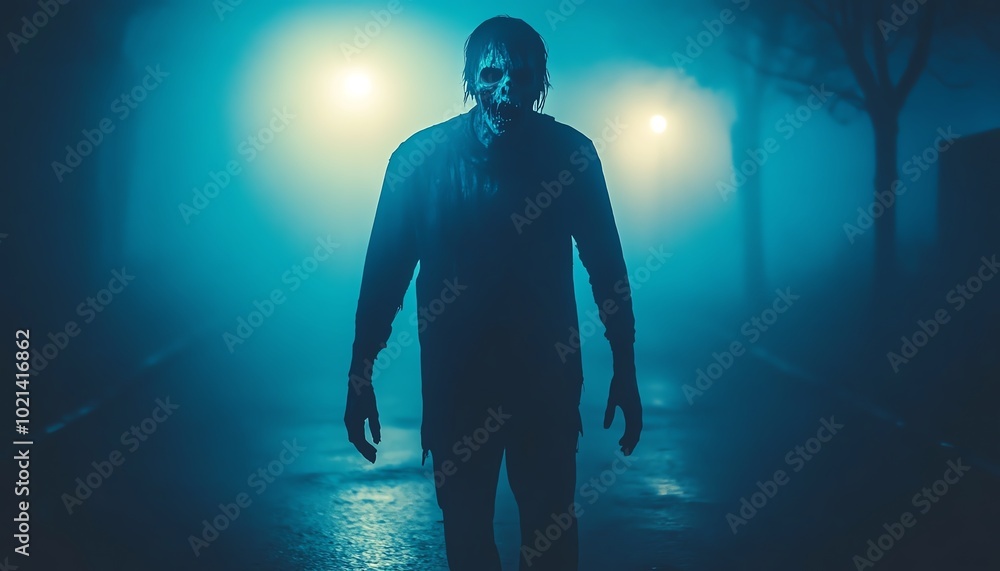 Fototapeta premium A mysterious figure looms in a foggy night scene, creating an eerie atmosphere with dim lighting and shadows.