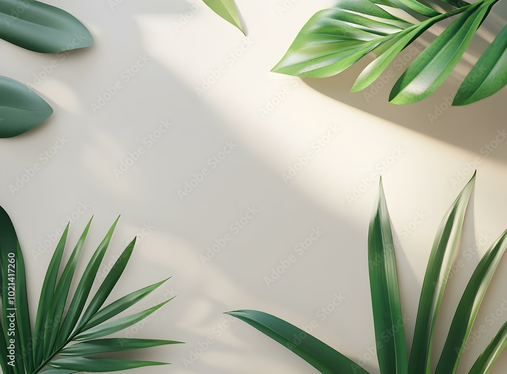 Green Leaf Frame on Beige Background with Sun Light Green Leaf Frame on Beige Background with Sun Light
