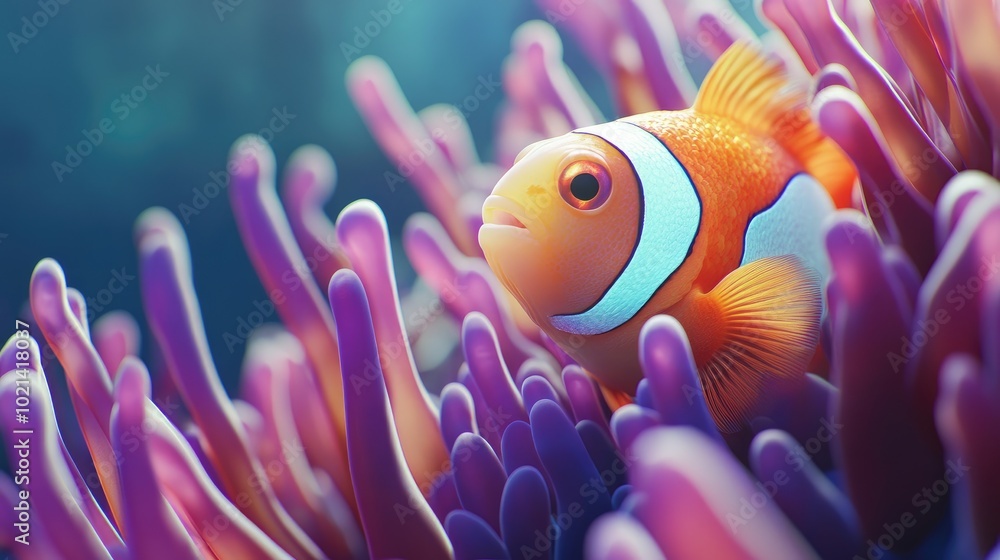 Close-up of a clownfish nestled among sea anemone tentacles, showcasing their symbiotic relationship in a vivid coral reef. Close-up of a clownfish nestled among sea anemone tentacles, showcasing their symbiotic relationship in a vivid coral reef.